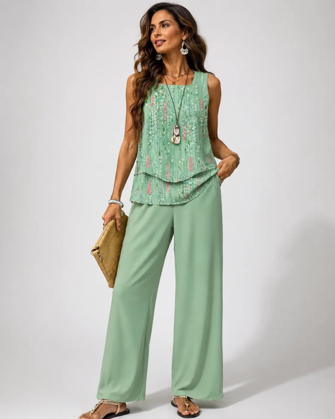 Maravillas™ | Conjunto Verde Menta Top en Capas y Pantalón
