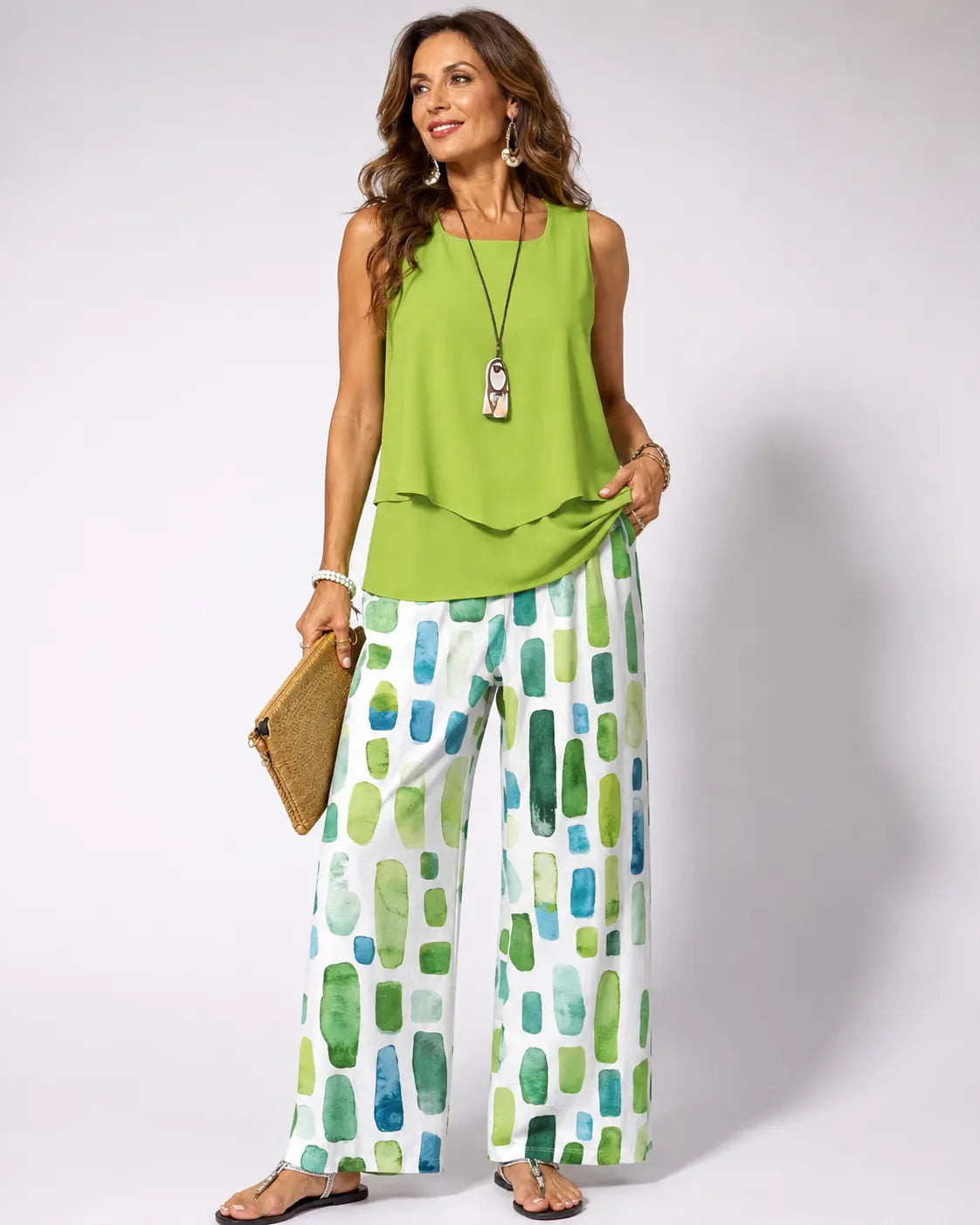 Sabina™ | Conjunto Top Verde y Pantalón Geométrico