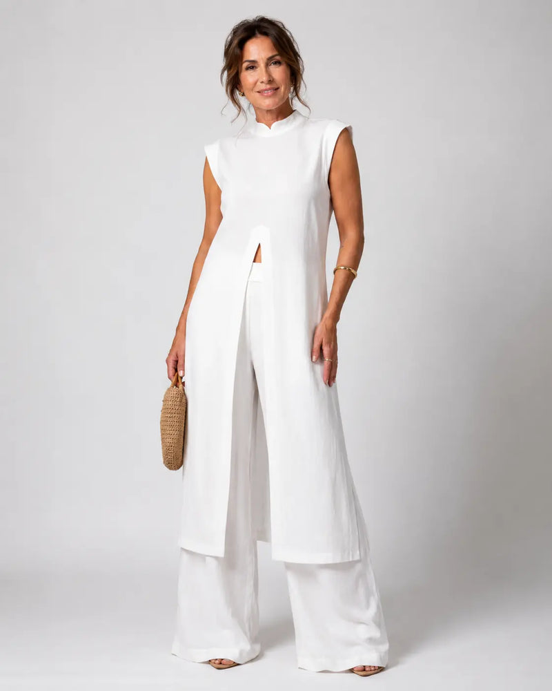Benigna™ | Conjunto Blanco Túnica Volante y Pantalón