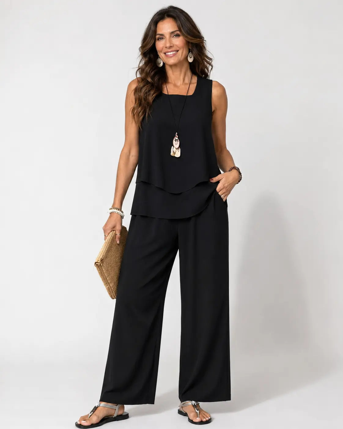 Eloísa™ | Conjunto Negro Top en Capas y Pantalón Ancho
