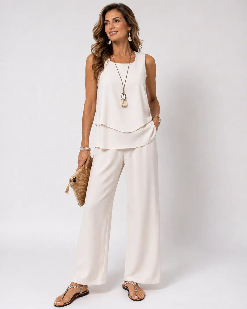 Leandra™ | Conjunto Crema Satinado Top en Capas y Pantalón