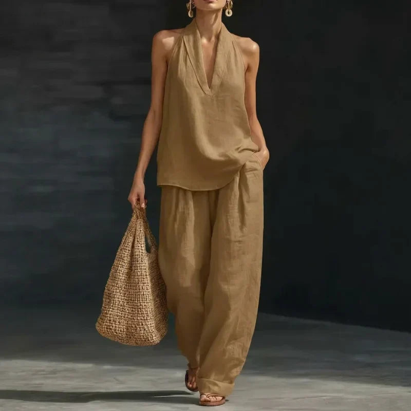 Marisol conjunto lino marrón claro