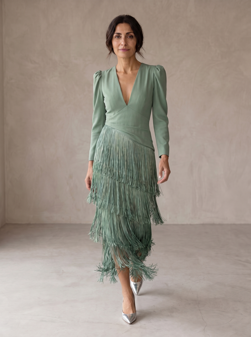 Chiara | Vestido Elegante con Mangas y Flecos