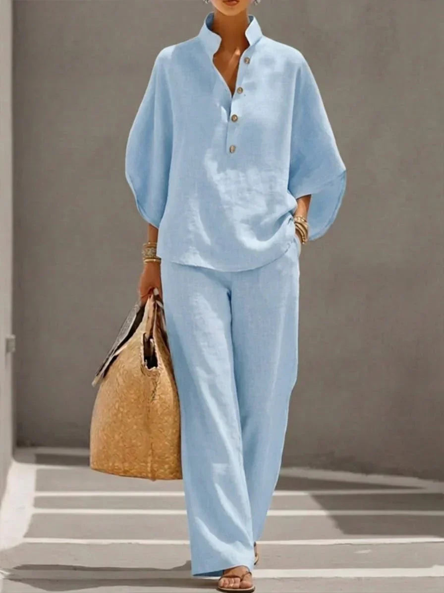 Rosa conjunto lino azul claro