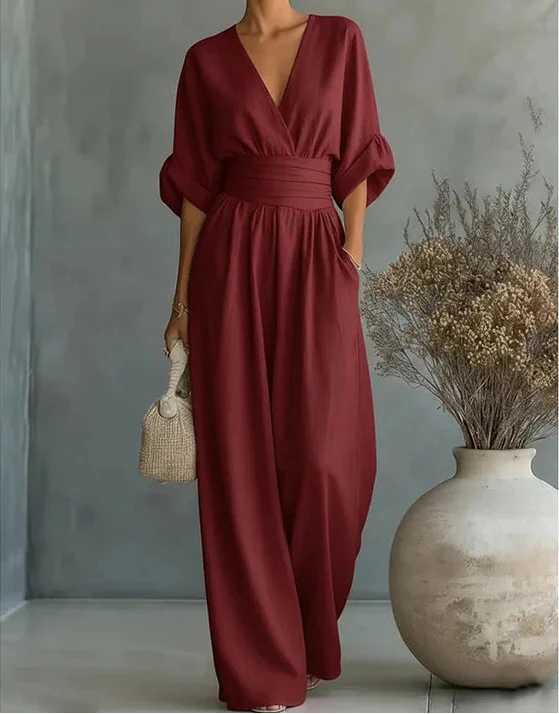 Daniela  Mono elegante de escote en V y pierna ancha